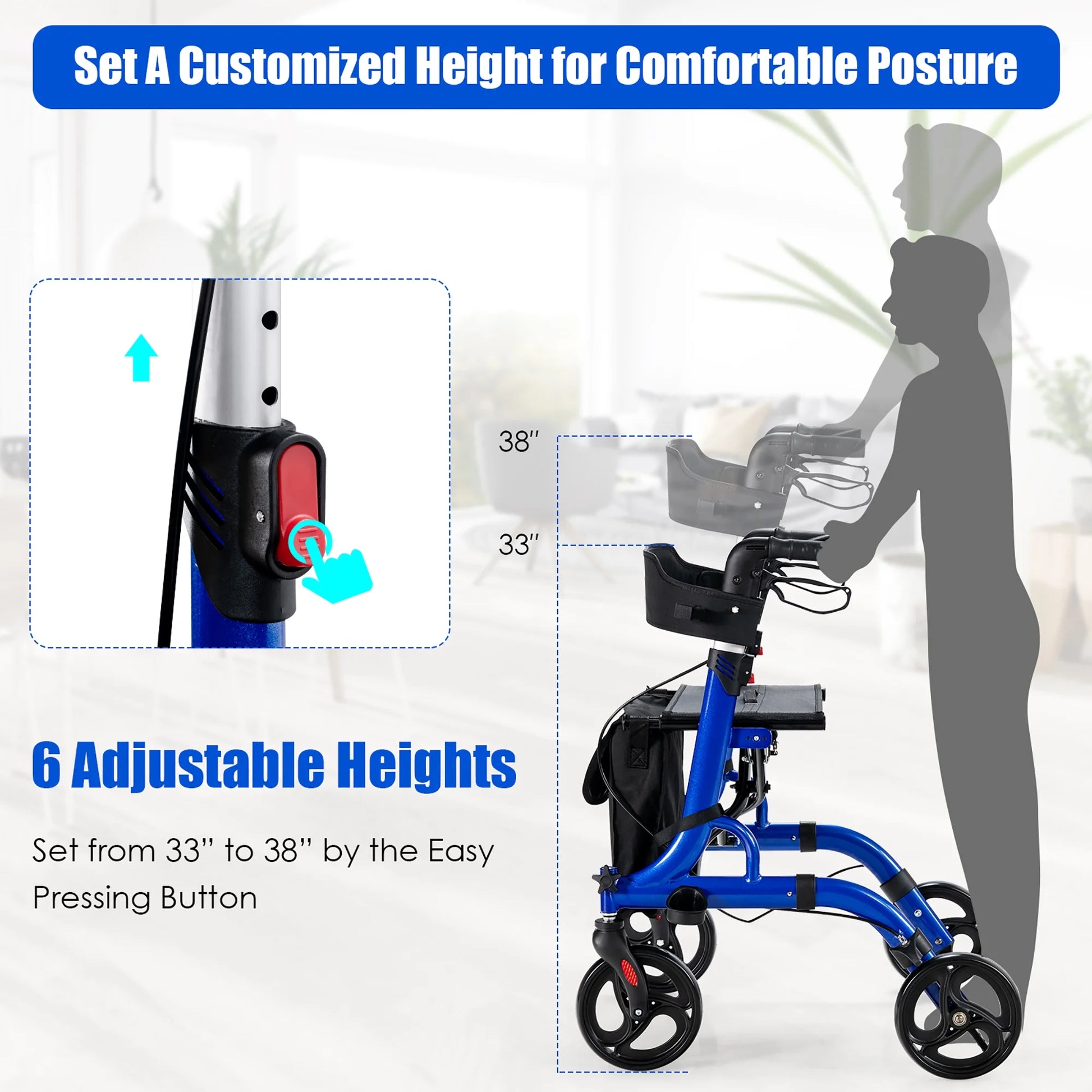 Rollator Walker W/ Seat, Folding Aluminum Rolling Walker W/ 8-Inch Wheels, Blue