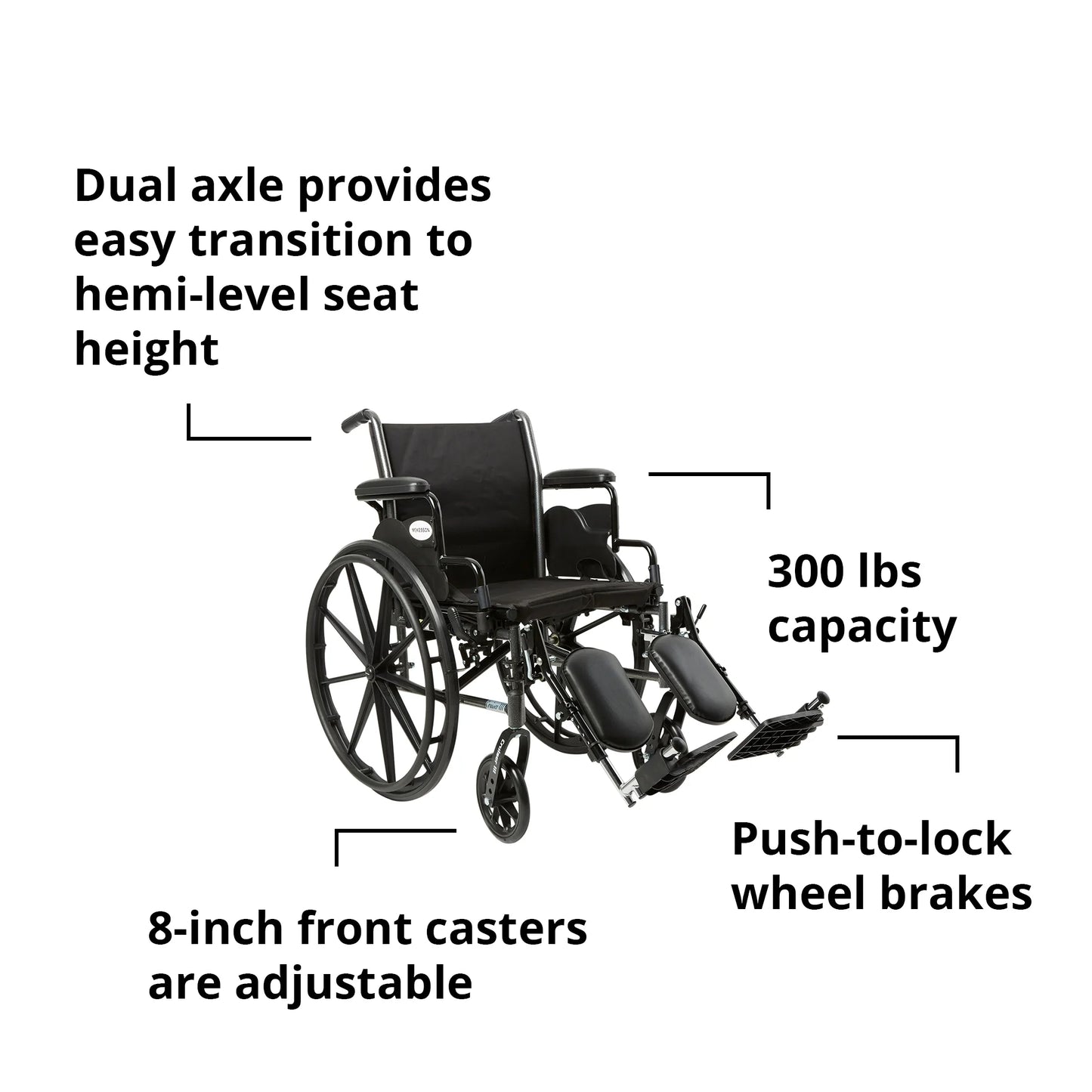 Black Lightweight Wheelchair, Steel, 18" W, 300-Lb Weight Capacity, 1 Ct