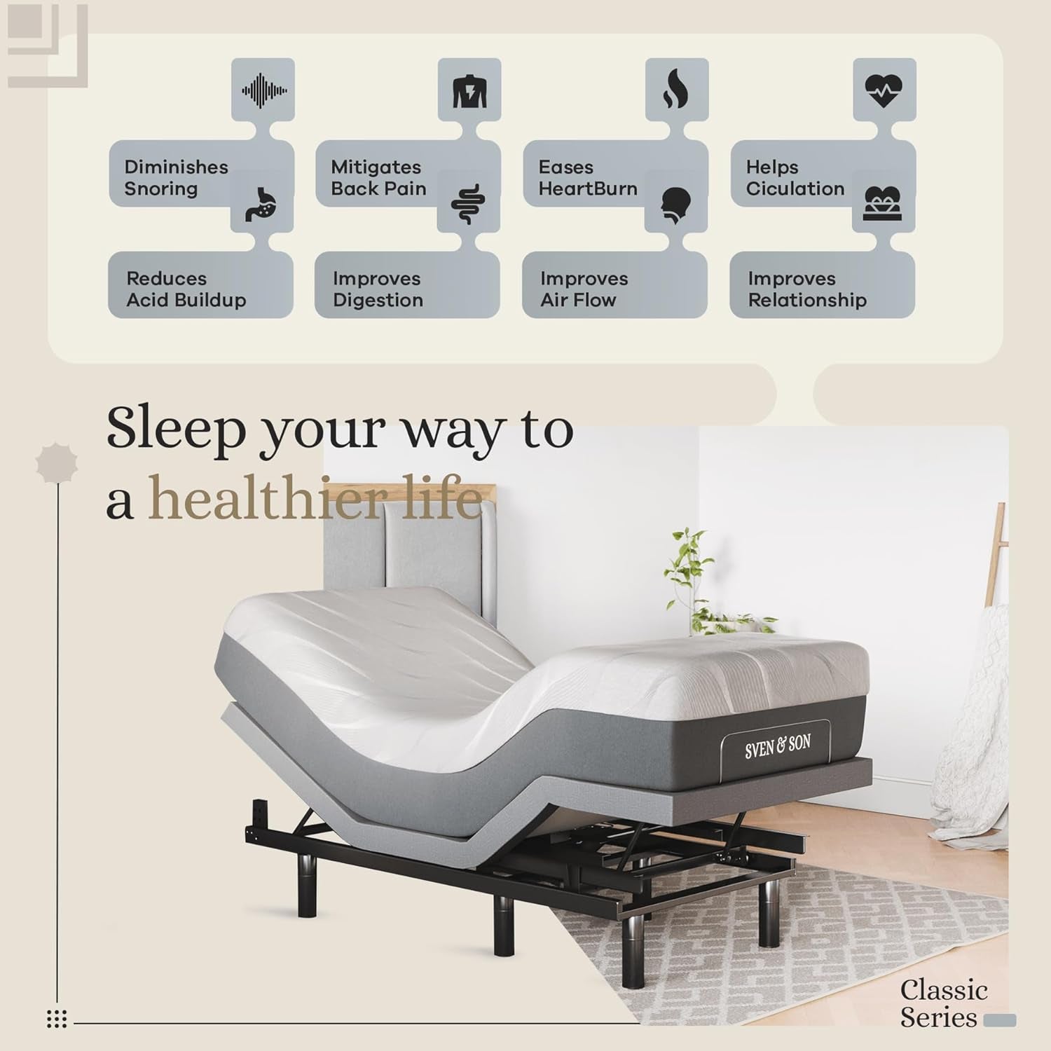 Classic Adjustable Bed Base, Head and Foot Lift, Massage, Under-Bed Lights, USB, Gel Memory, Zero Gravity Smart Frame - Twin XL + 14 Inch Hybrid Spring Matt (Medium Soft)