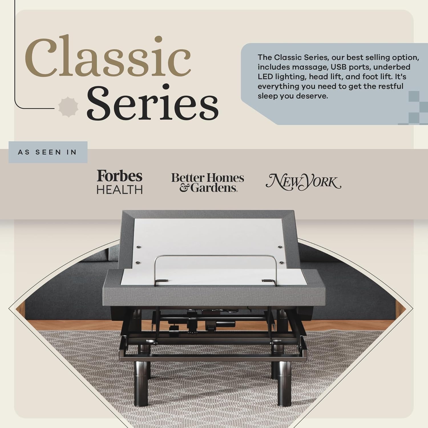 Classic Adjustable Bed Base, Head and Foot Lift, Massage, Under-Bed Lights, USB, Gel Memory, Zero Gravity Smart Frame - Twin XL