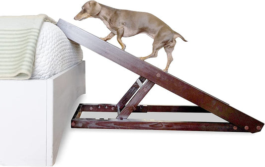Alphapaw - Original Natural Wood Pawramp for Small & Large Dogs - No Assembly Required - Adjustable Height Pet Ramp for Bed, Couch, Stairs (Dark Brown)
