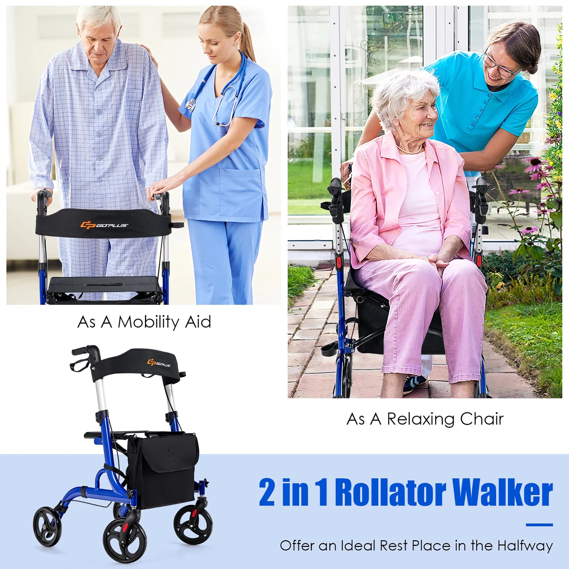 Rollator Walker W/ Seat, Folding Aluminum Rolling Walker W/ 8-Inch Wheels, Blue