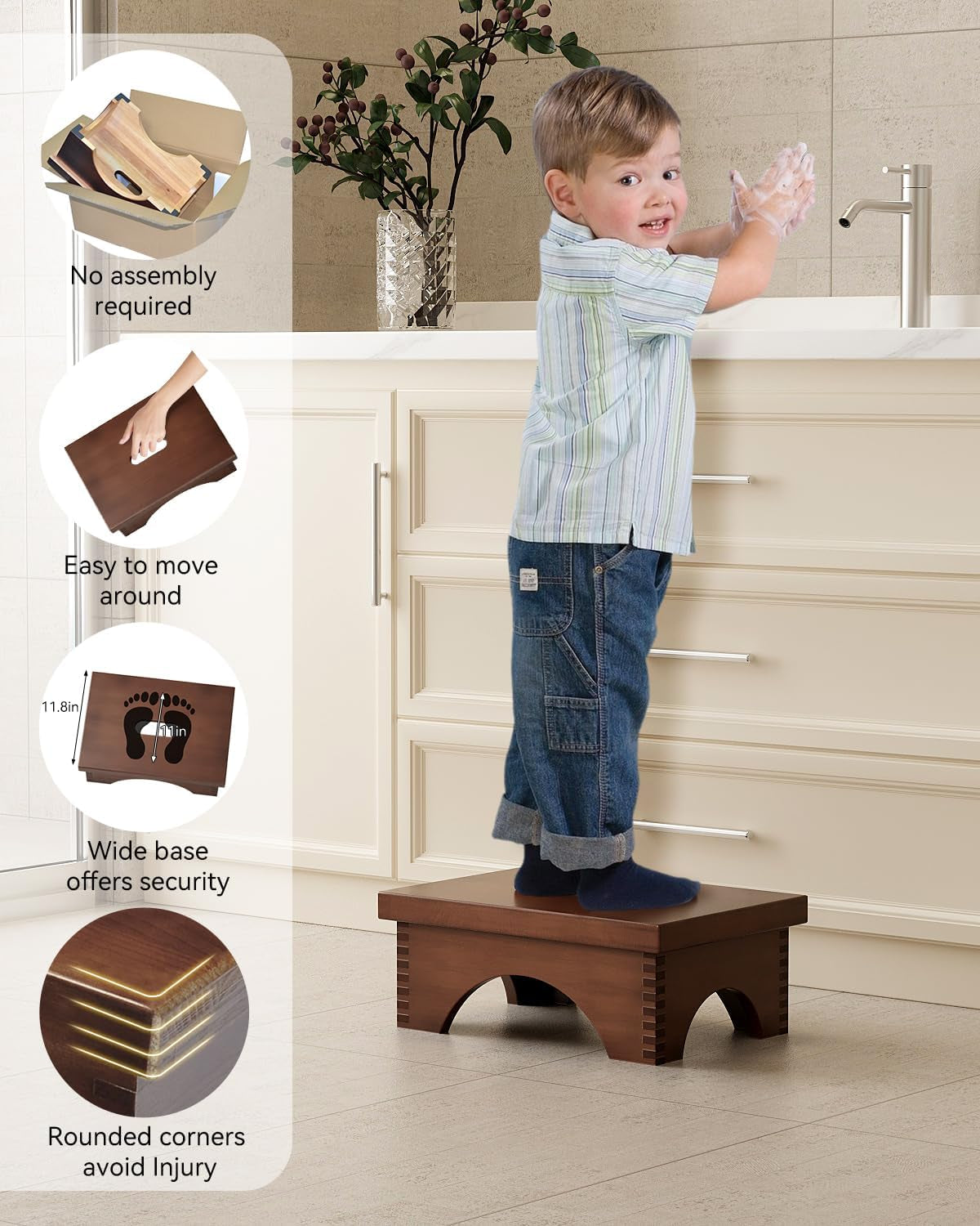Step Stools for Adults Pre-Assembled, Sturdy Wooden Step Stool Lightweight, Portable Bedside Step Stool with Smooth Finish