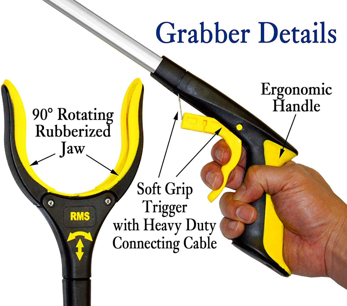 2-Pack 34 Inch Extra Long Grabber Reacher with Rotating Jaw - Mobility Aid Reaching Assist Tool (Yellow)