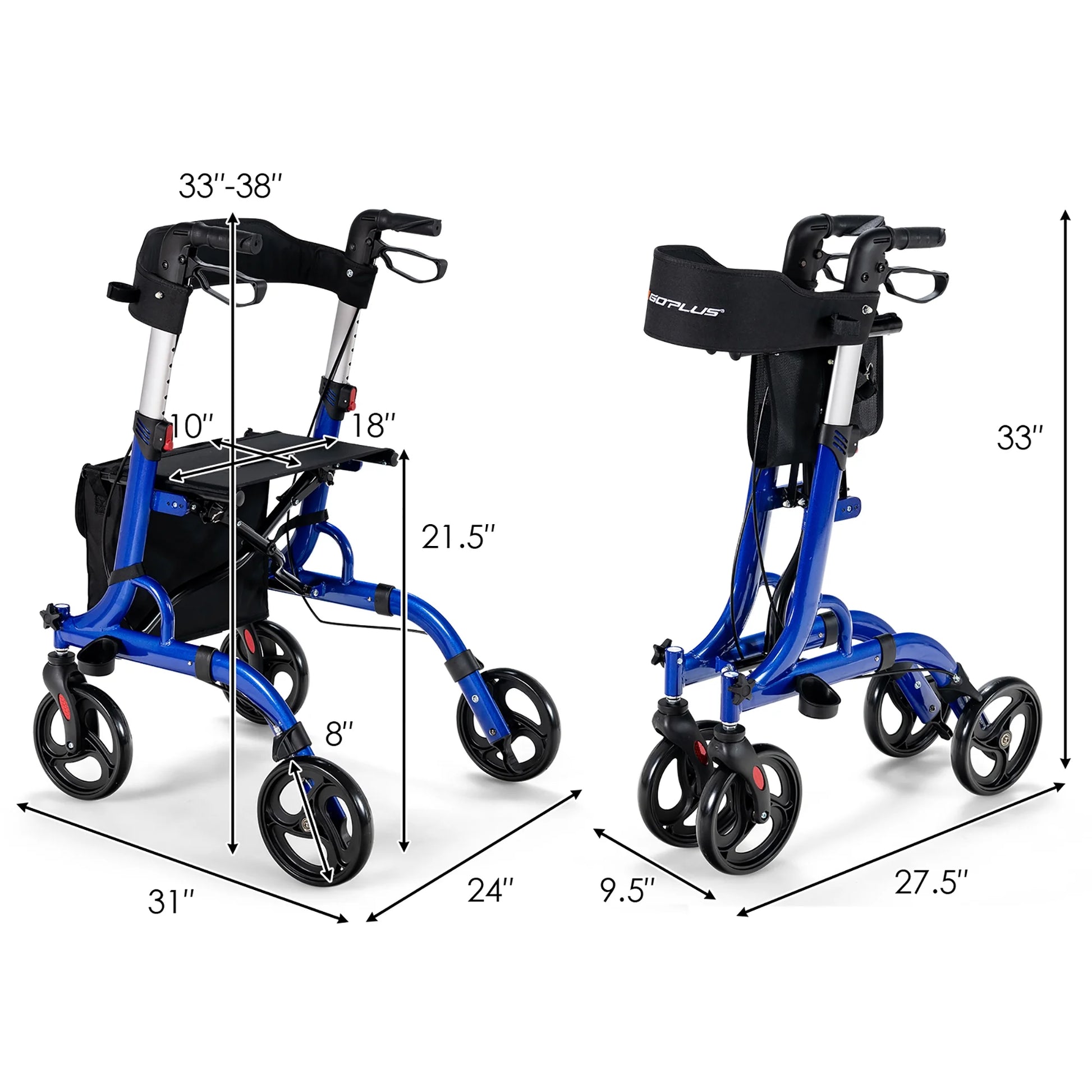 Rollator Walker W/ Seat, Folding Aluminum Rolling Walker W/ 8-Inch Wheels, Blue