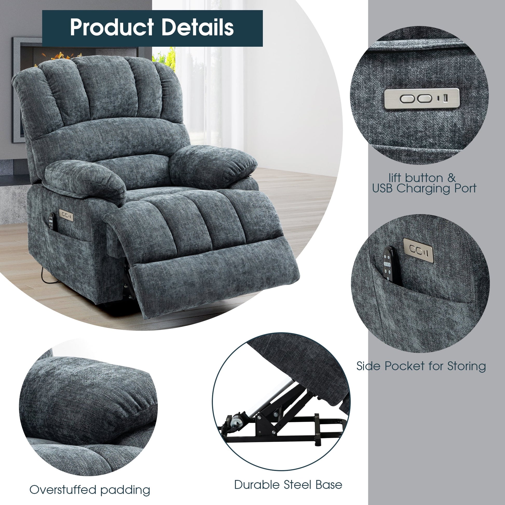Power Lift Recliner Chair for Living Room,Extra Wide Recliner Massage Chair for Big and Tall People with Heated,Usb Charge Port,Infinite Position(Blue)