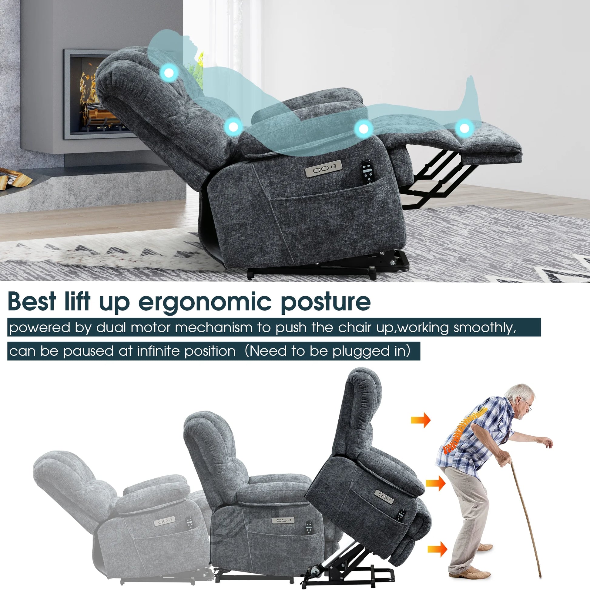Power Lift Recliner Chair for Living Room,Extra Wide Recliner Massage Chair for Big and Tall People with Heated,Usb Charge Port,Infinite Position(Blue)
