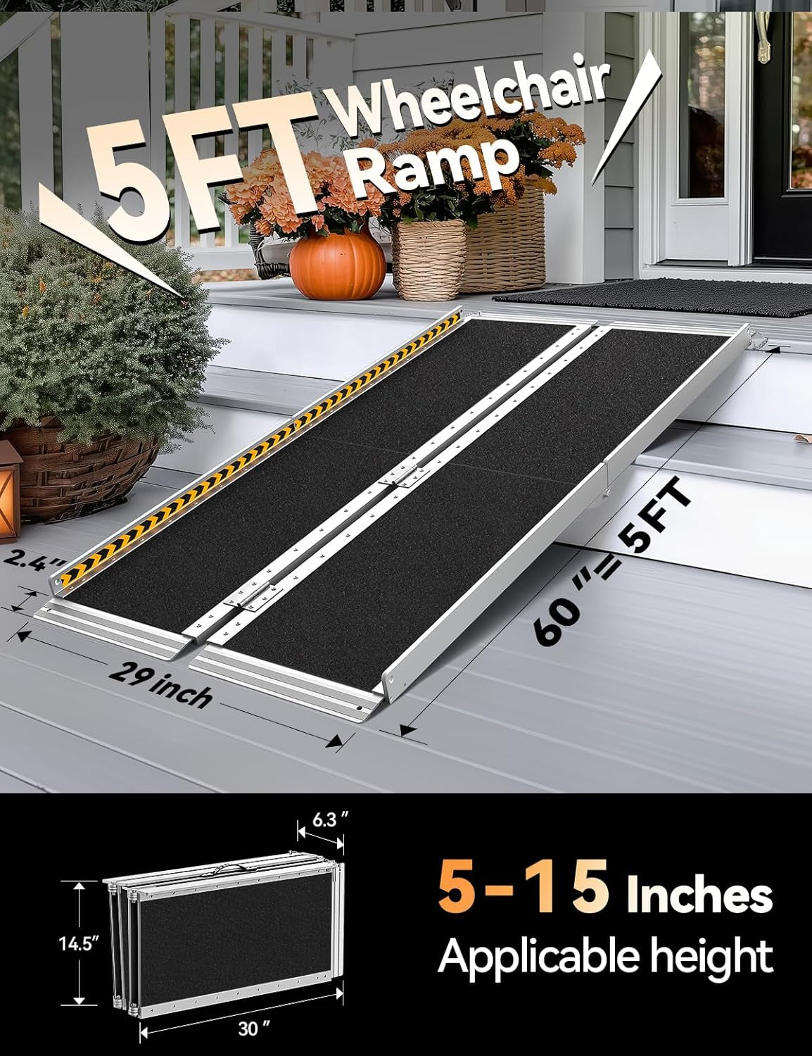 FACHNUO 5 Feet Portable Wheelchair Ramp, Non-Skid Aluminum Handicap Ramps with Handle, Folding Threshold Wheel Chair Ramp for Home Steps, Stairs, Entry, Threshold, Doorways, Scooter, 800LBS Capacity