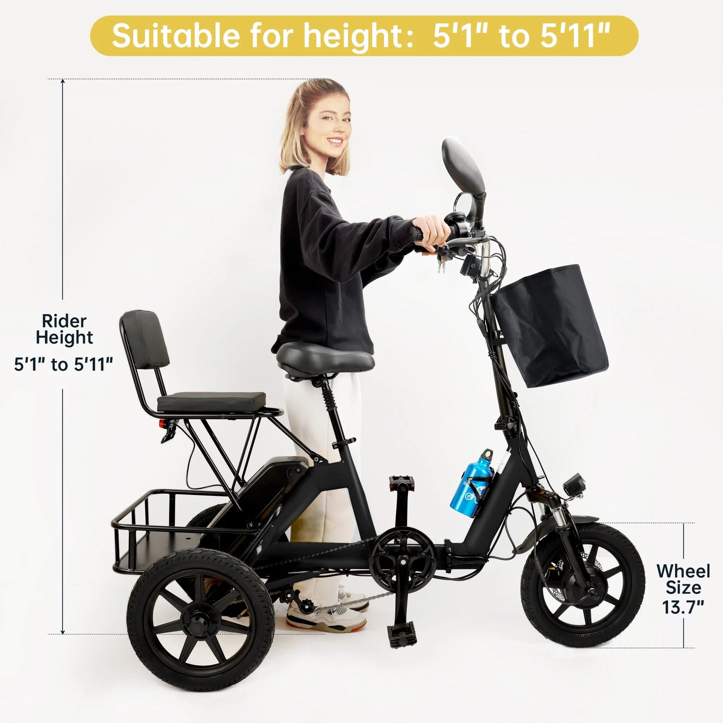 Foldable 3 Wheel Electric Tricycle 350W 48V Electric Trike with Front & Rear Basket for Men Women Adult Senior Black UL2849