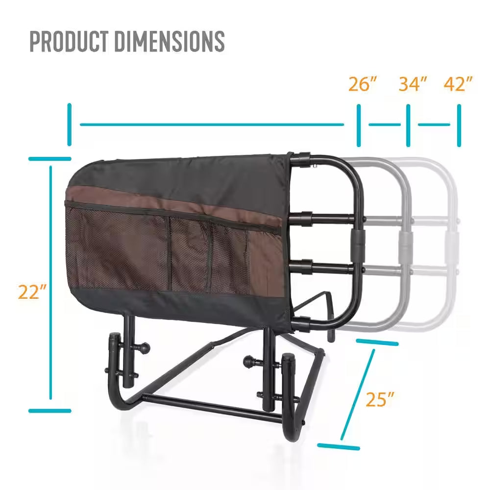 26 In. to 42 In. EZ Adjustable Bed Rail with Swing-Down Safety Railing and Pouch, in Black