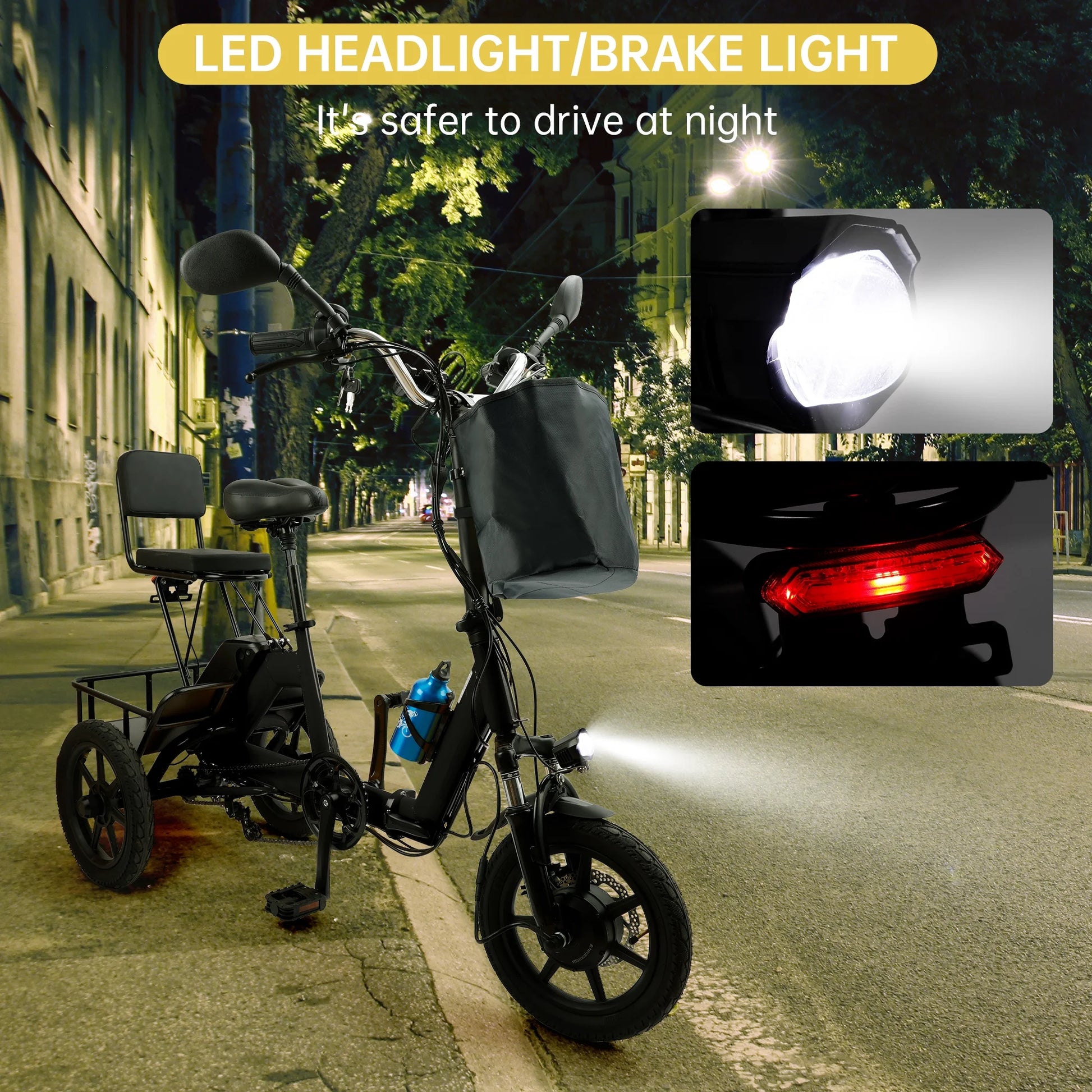 Foldable 3 Wheel Electric Tricycle 350W 48V Electric Trike with Front & Rear Basket for Men Women Adult Senior Black UL2849