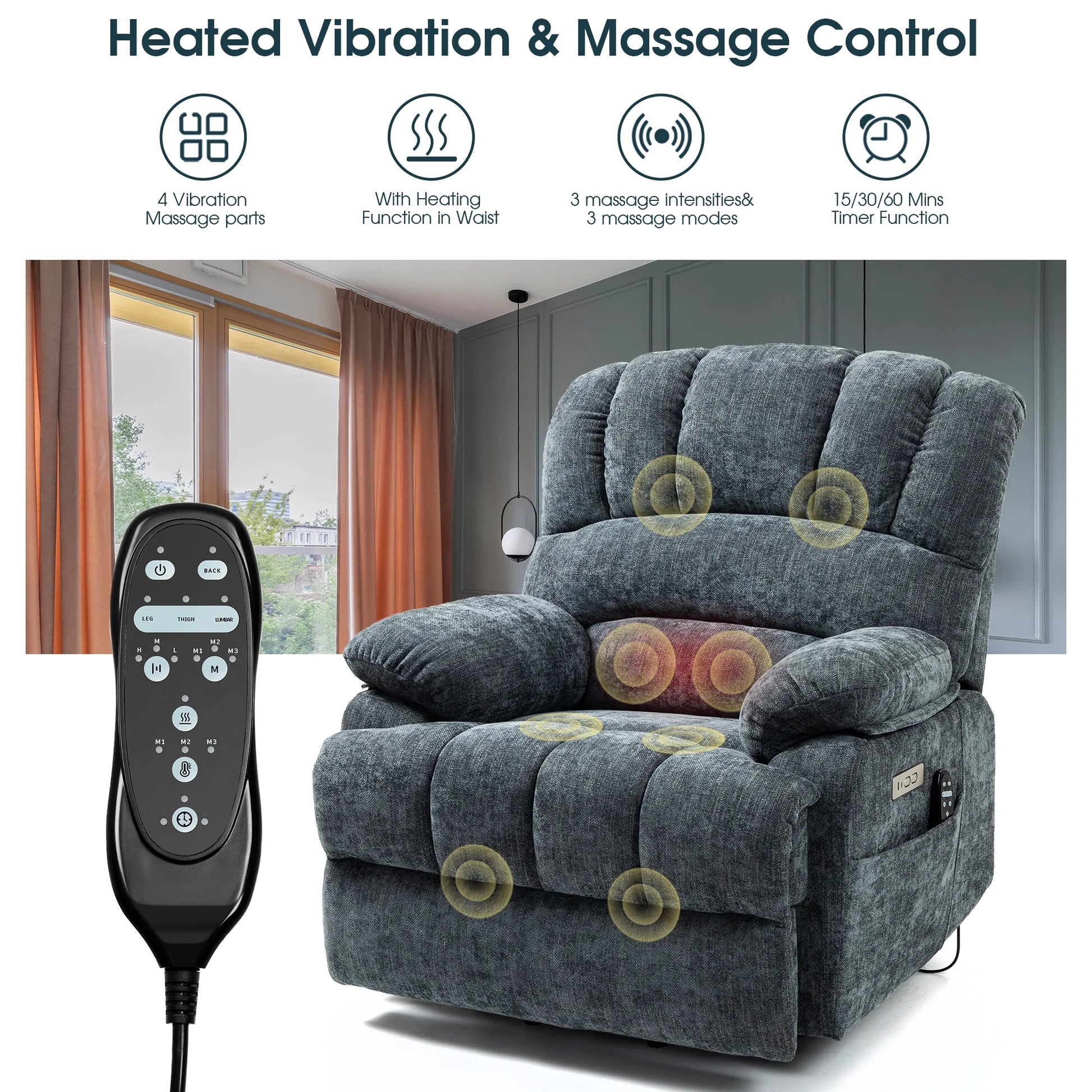 Power Lift Recliner Chair for Living Room,Extra Wide Recliner Massage Chair for Big and Tall People with Heated,Usb Charge Port,Infinite Position(Blue)